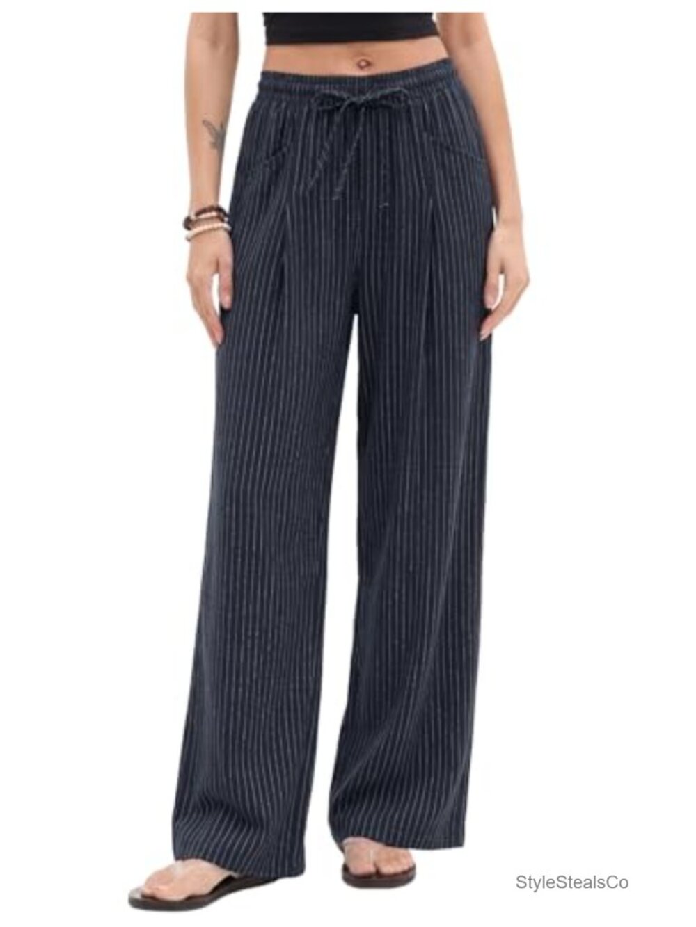 Women's Cotton Linen Wide Leg Pants High Waisted with Pockets